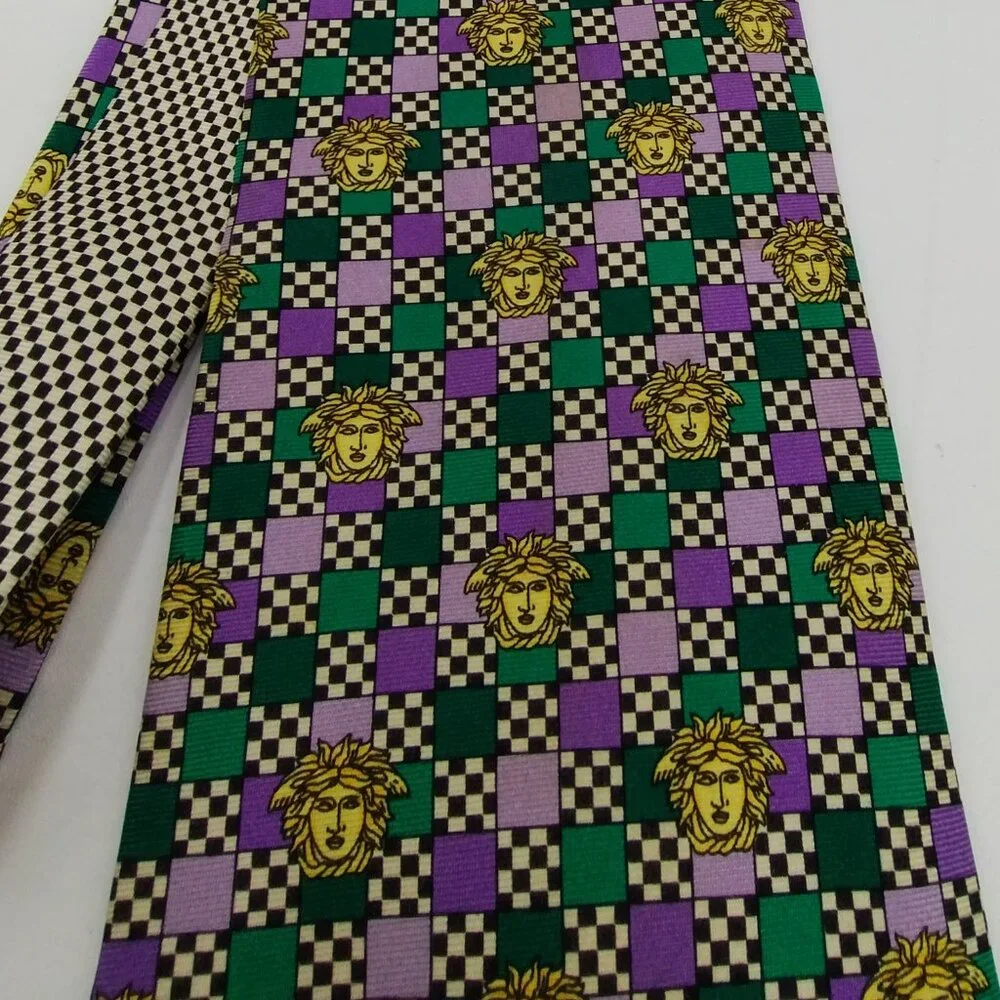Vintage Gianni Versace Medusa Silk Tie Purple Check